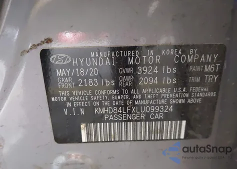 2020 Hyundai Elantra Sel из США, поврежденный, VIN KMHD84LFXLU099324